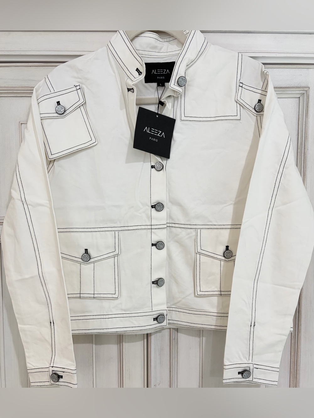 NWT SZ L Aleeza Paris Women's White Contrast-Stitch Jacket